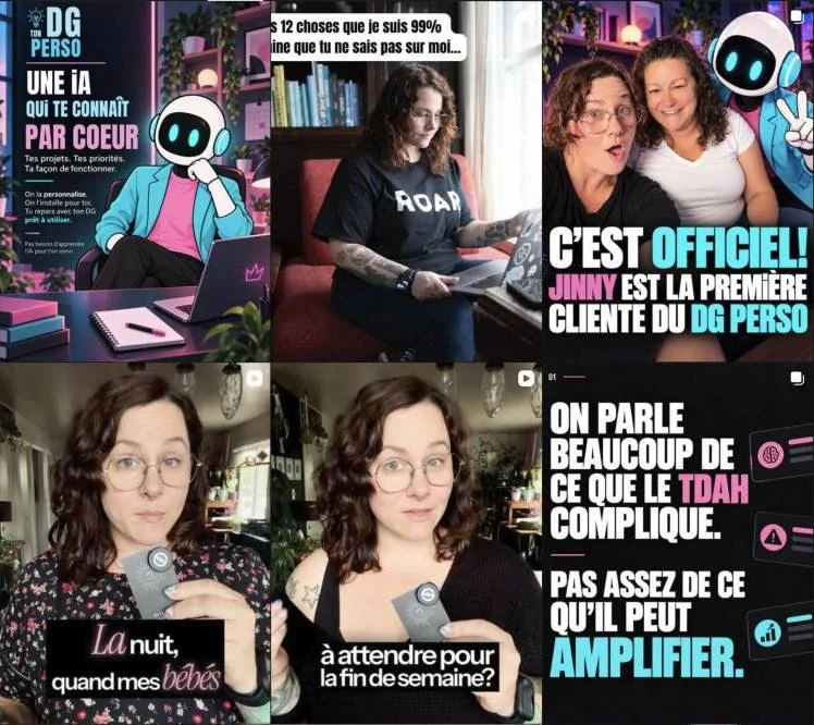 Aperçu du fil Instagram de Mama Geek : un visuel Ton DG Perso avec un robot, une photo de Stéphanie à l’ordinateur et l’annonce d’une première cliente.