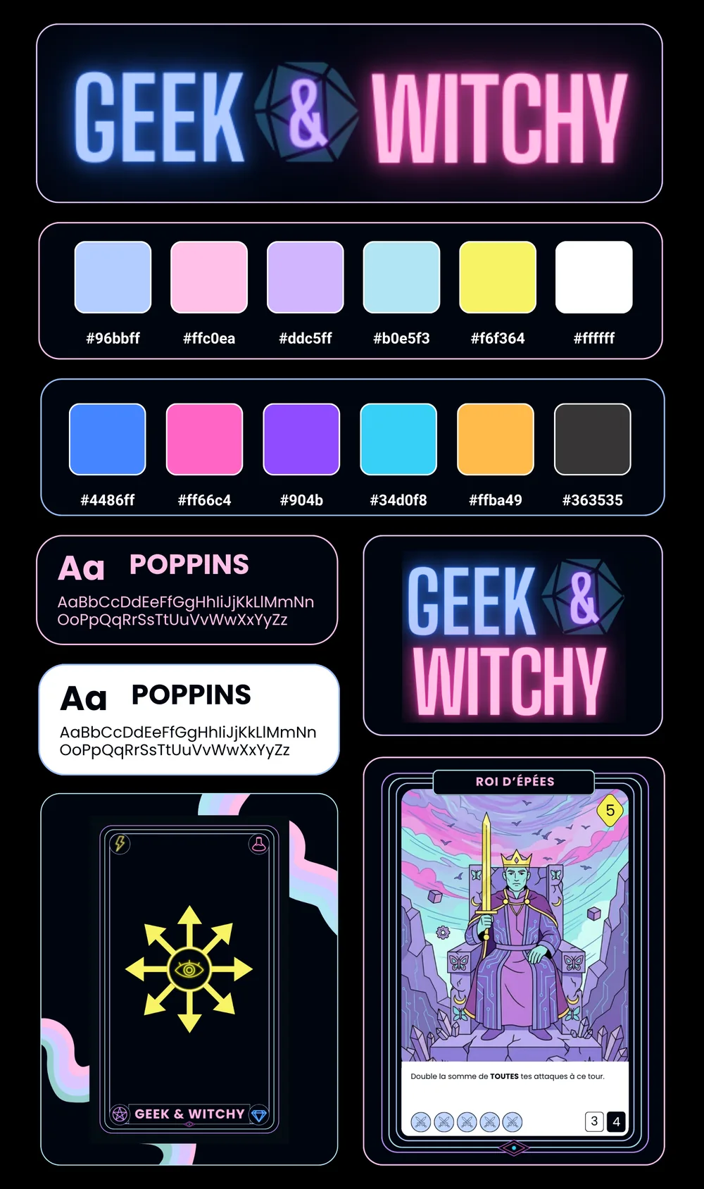 Charte graphique Geek & Witchy : logo néon, palettes pastel et vives, typographie Poppins, cartes de tarot et application.